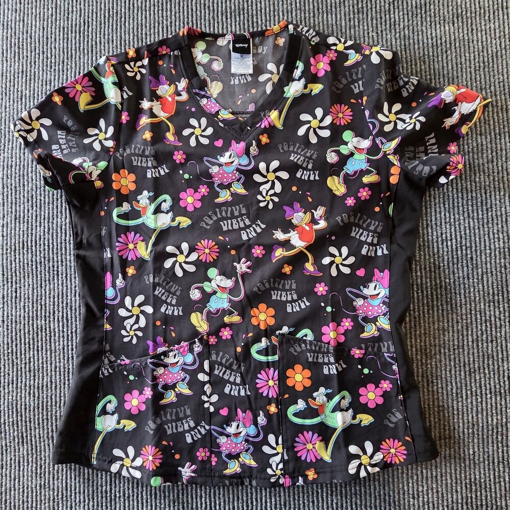 Disney Women’s Sz M Scrub Top "Positive Vibes Only" Mickey Minnie Graphics EUC